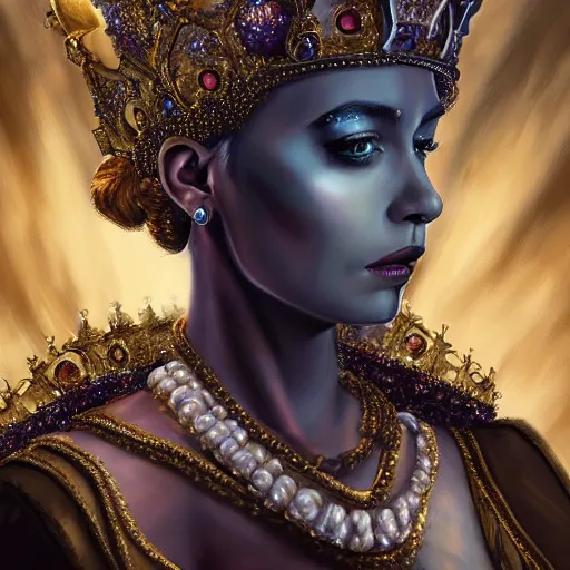 Image similar to a realistic digital painting of a queen looking over the milky way, wearing an ornate crown, dramatic lighting, serious expression, 4K, HD, detailed, epic, artstation, beautiful, amazing, eyes, facial features,
