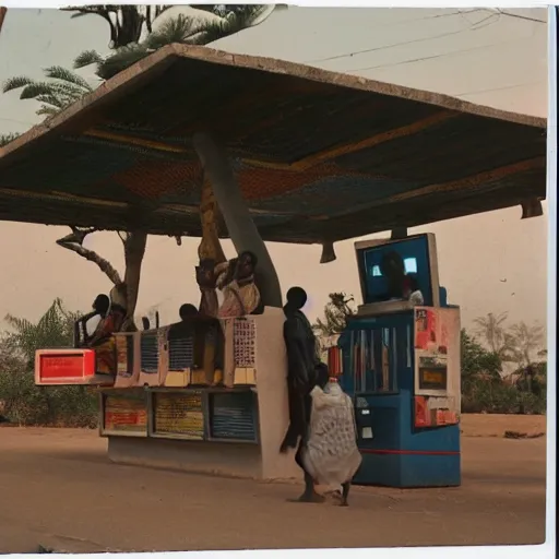 Image similar to old polaroids of futuristic african bus stops with informal sellers and digital screens, women selling fruit, autonomous african busses