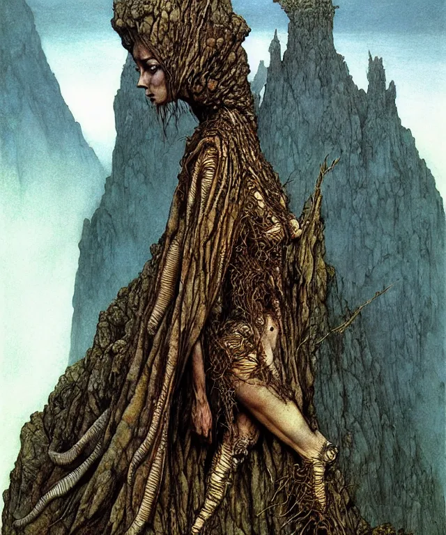 Image similar to a detailed mantiswoman stands among the mountains. wearing a ripped mantle, robe. perfect faces, extremely high details, realistic, fantasy art, solo, masterpiece, art by zdzislaw beksinski, arthur rackham, dariusz zawadzki