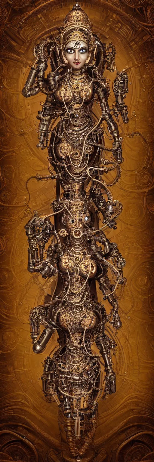 Image similar to seamless pattern of steampunk cybernetic biomechanical hindu goddess dugra, 3 d model, very coherent symmetrical artwork, unreal engine realistic render, 8 k, micro detail, gold and steel intricate, elegant, highly detailed, digital painting, artstation, smooth, sharp focus, illustration, artgerm, tomasz alen kopera, wlop