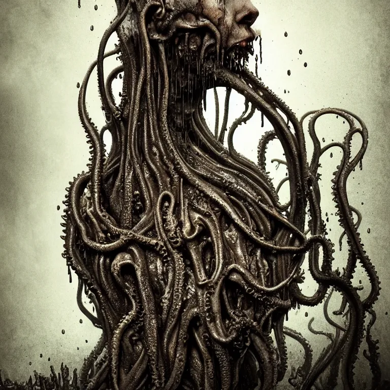 Image similar to ribbed abandoned melting surreal dripping face portrait, covered with tentacles, spines, roots, baroque painting, standing in a desolate empty wasteland, creepy, nightmare, dream-like heavy atmosphere, surreal abandoned buildings, beautiful detailed intricate insanely detailed octane render trending on Artstation, 8K artistic photography, photorealistic, chiaroscuro, Raphael, Caravaggio, Beksinski, Giger, pastel colors