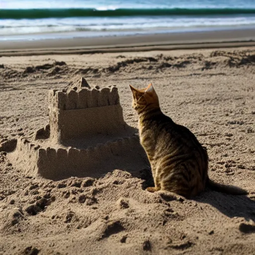 Image similar to a tabby cat building a sandcastle on the beach