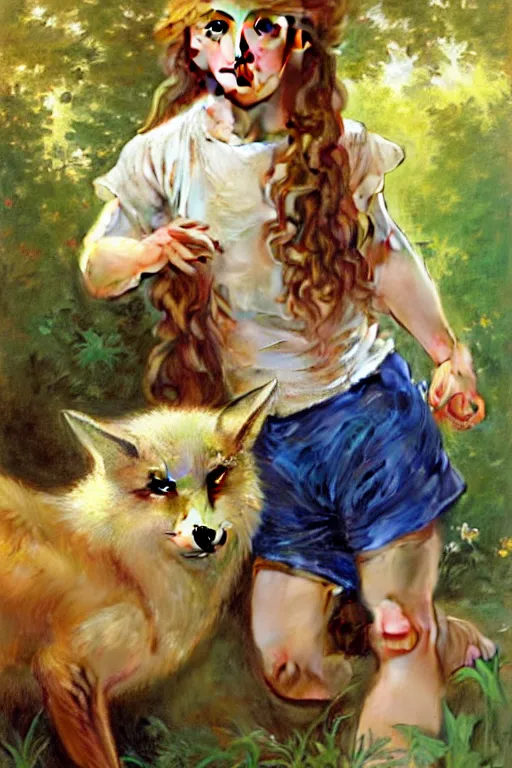 Image similar to a seven - year old with long curly dirty blonde hair, blue eyes, tan skin a tee shirt and shorts, playing with foxes, painting by daniel gerhartz, alphonse mucha, bouguereau, detailed art, accurate facial details, no blush, artstation