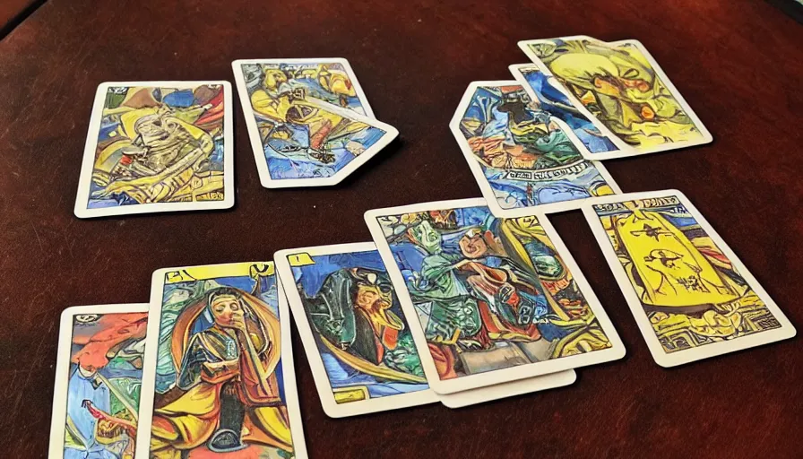 Image similar to a set of Counter Strike tarot cards laid out on a table