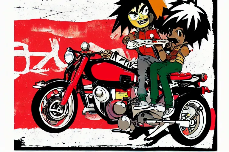 Image similar to italian pizza, akira's motorcycle, gorillaz, flyer, kid drawn