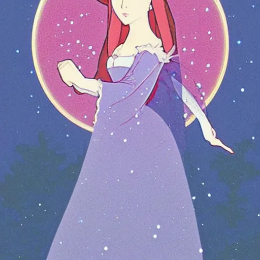 Prompt: a photograph, beauty & mystery of princess aurora. enigmatic smile and gaze invite us into her world, and we cannot help but be drawn in. soft features & delicate way she is dressed make her almost ethereal. landscape distance and mystery. what secrets princess aurora holds. sticker illustration by hayao miyazaki, by robert vonnoh swirling