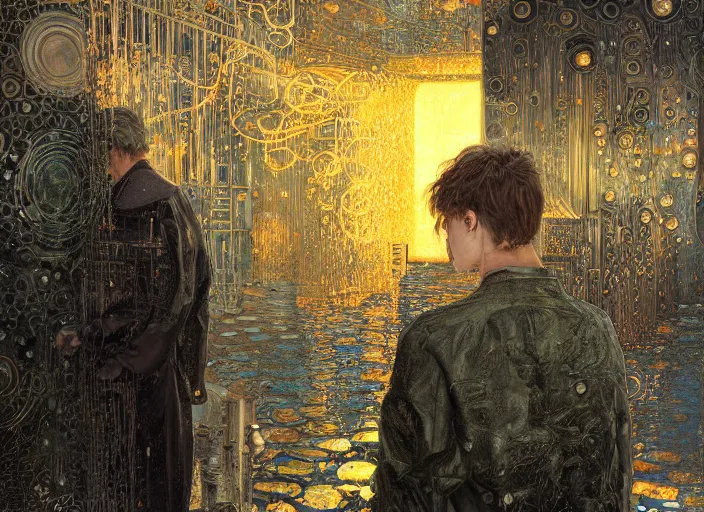 Image similar to portrait of man outside metal cityscape with ice crystals, cynical realism, painterly, yoshitaka amano, miles johnston, moebius, beautiful lighting, miles johnston, klimt, tendrils, in the style of, louise zhang, victor charreton, james jean, two figures