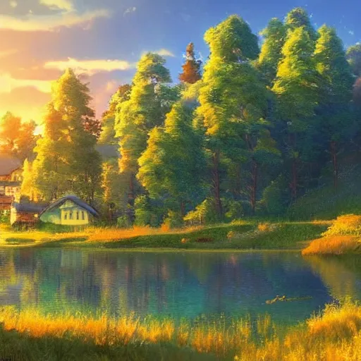 Image similar to a masterpiece detailed beautiful russian village, trees, lake, mountains, golden hour, sunset, by Makoto Shinkai