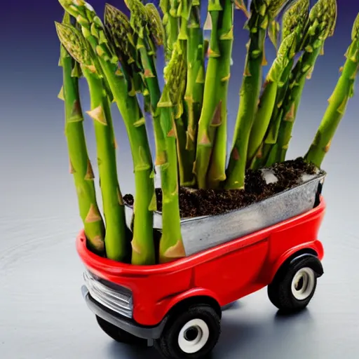 Image similar to image of an asparagus in a flowerpot driving a red tractor in outer space.