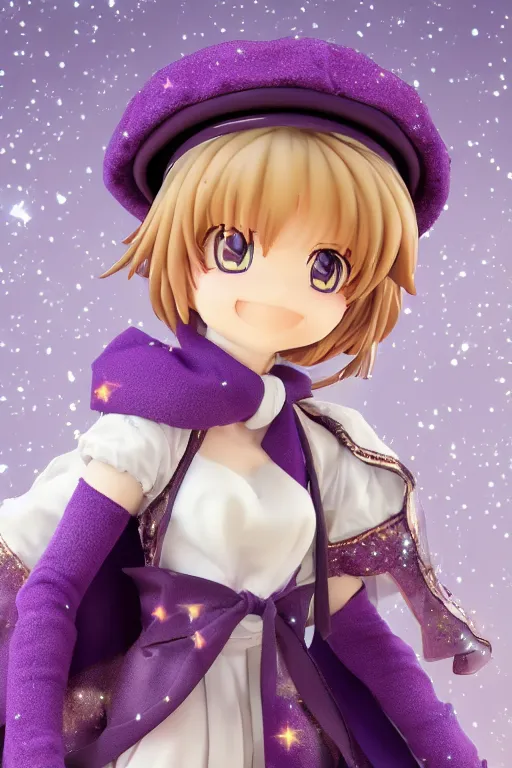 Prompt: A GoodSmile anime figure of a cute magical girl with short blonde hair wearing purple short puffy pants, an oversized beret, white tights covered in stars, and a long billowing scarf. Short hair. intricate details, realistic, Hyperdetailed, 8k resolution, intricate art nouveau, Octane Render. Ami Ami.