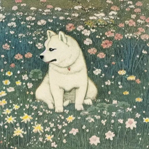 Prompt: an akita inu sitting in a moonlit field of flowers, by warwick goble and kay nielsen