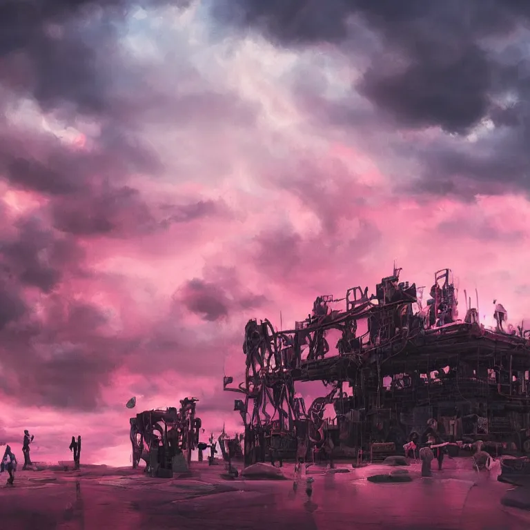 Image similar to oil painting, rich deep colors masterpiece, pink, people with mohawks, punk, neon, ultra detailed, contrast, heaven pink, arches, clouds, sky, volumetric light, atmospheric lighting, dramatic, cinematic, steampunk, moody, octane render 4 k, 8 k