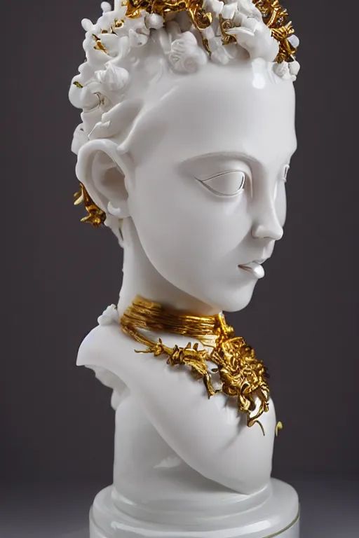 Image similar to full head and shoulders, beautiful modern female, white colourful porcelain sculpture, smooth, shiny, hindu god, with lots of ornate gold leaf, attached to head by daniel arsham and james jean, on a white background, delicate facial features