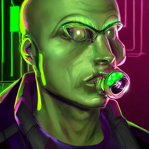 Prompt: Cyberpunk portrait of a frog human chimera