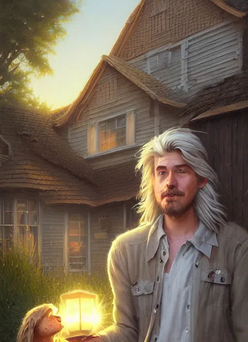 Image similar to highly detailed portrait of a blonde long - haired hillbilly in front of old style house, with his fluffy light gray australian shepherd, stephen bliss, art by greg rutkowski, loish, rhads, ferdinand knab, makoto shinkai and lois van baarle, artgerm, pixar, ilya kuvshinov, rossdraws, tom bagshaw, global illumination