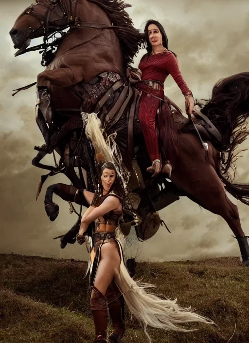 Image similar to monica bellucci riding a giant stallion, dressed in fantasy garb like in Dino De Laurentis Conan movie, with lighting shooting out of the blade destroying hoards of vikings, realistic, 4k