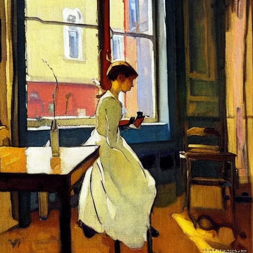 Prompt: a girl with iphones on a table sits at a table in a sunny room, the window is open, by valentin serov