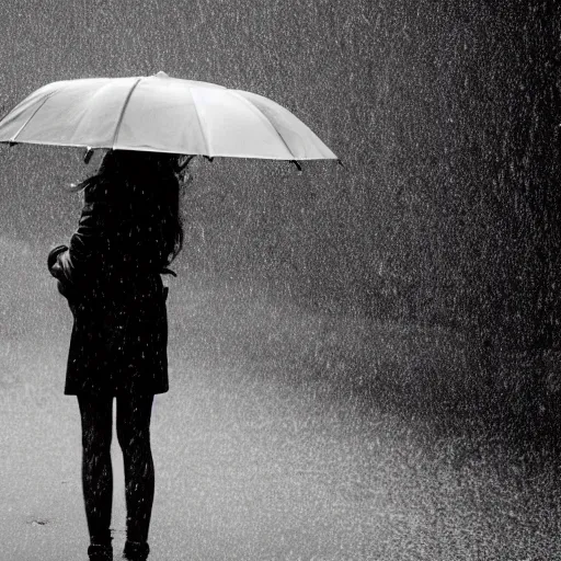 Prompt: heavy rain and a girl with an umbrella in black and withe