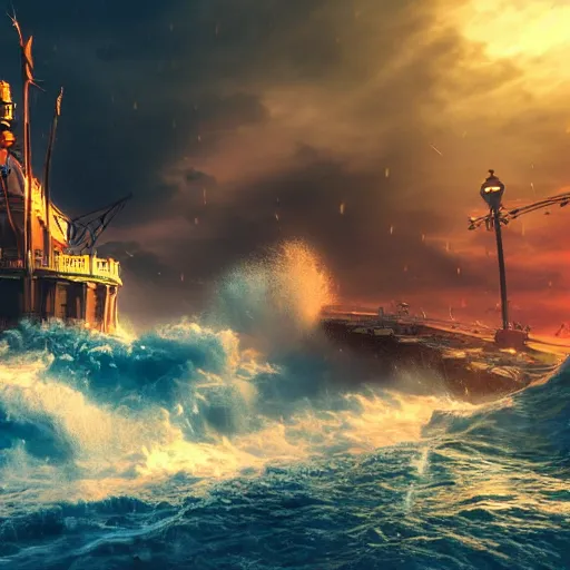 Prompt: a steampunk city in teh middle of the sea, with huge wave crashing, heavy storm, lens flare photo real, artstaion trends, cinematic render, Detailed, colorful