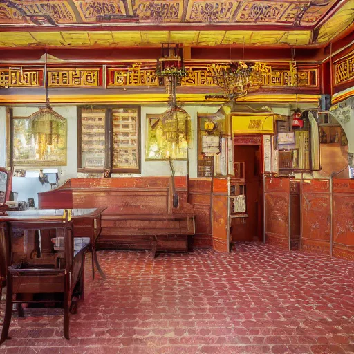 Prompt: dull, abandoned photograph, ornate chinese restaurant interior, two-point perspective