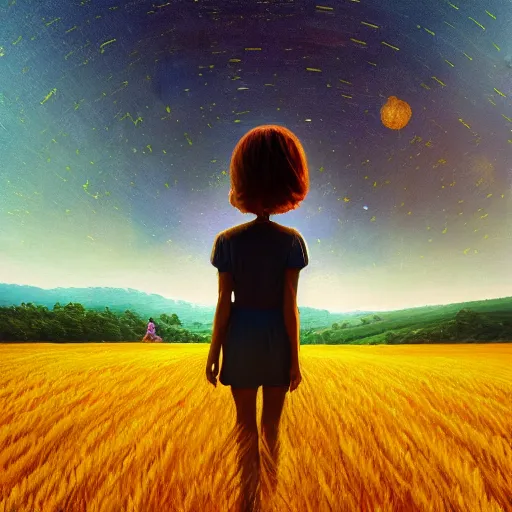 Prompt: giant daisy as a head, girl walking in wheat field, hills, surreal photography, dark night, star trails, dramatic light, impressionist painting, clouds, digital painting, artstation, simon stalenhag