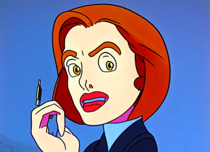 Prompt: an animation cel of dana scully, in the style of netflix animation, toei animation, filmation animation, traditional animation, sharp detail, 1 9 8 8