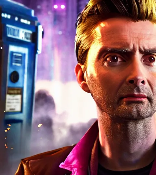 Prompt: David Tennant in the role of Doctor Who from Cyberpunk 2077, amazing short, 8K, IMAX, ultra detailed