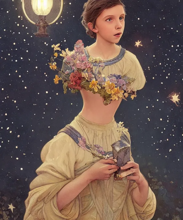 Prompt: a beautiful painting of a minion resembling millie bobby brown at the lantern festival in a an ancient italian town, at night with a sky full of stars, intricate, elegant, highly detailed, digital painting, artstation, concept art, by krenz cushart and artem demura and alphonse mucha