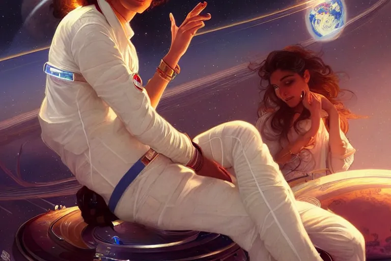 Image similar to Sensual good looking pale young Indian doctors wearing jeans in a space station above Earth, portrait, elegant, intricate, digital painting, artstation, concept art, smooth, sharp focus, illustration, art by artgerm and greg rutkowski and alphonse mucha