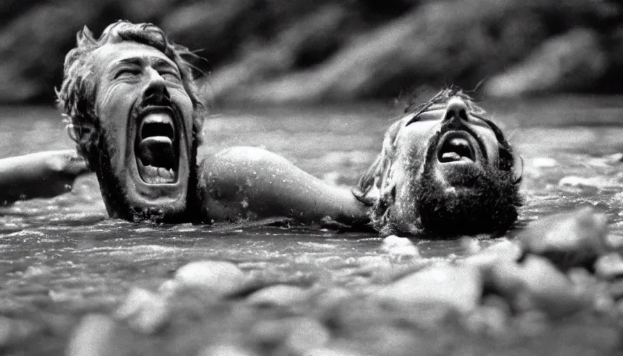 Image similar to 1 9 6 0 s movie still close up of skinny marcus aurelius screaming frozen to death in a river with gravel, pine forests, cinestill 8 0 0 t 3 5 mm b & w, high quality, heavy grain, high detail, texture, dramatic light, anamorphic, hyperrealistic, foggy