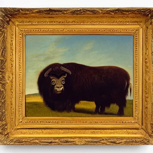 Image similar to oil painting by george stubbs of a musk ox and a man in a meadow at sunset.
