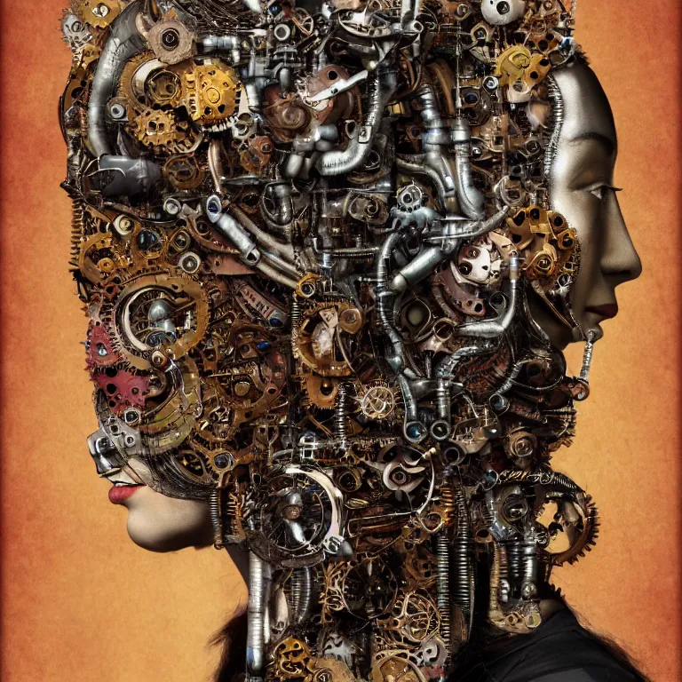 Image similar to profile portrait of a woman, computer parts, mechanical parts, by giuseppe arcimboldo, steampunk, cyberpunk, futuristic, psychedelic, surreal, sci - fi, vaporwave, alien, dreamlike.