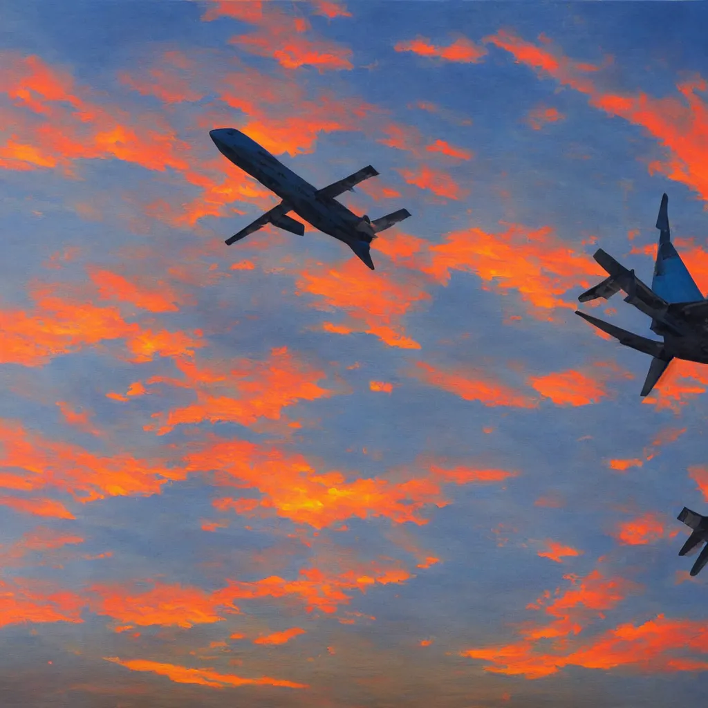 Prompt: Photorealistic painting of a plane flying straight into World Trade Center with a beautiful sunset in the background