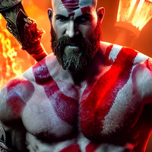Image similar to ryan reynolds as kratos from god of war, holding a javelin, aggressive face, epic, cinematic shot, ultra realstic, 8 k