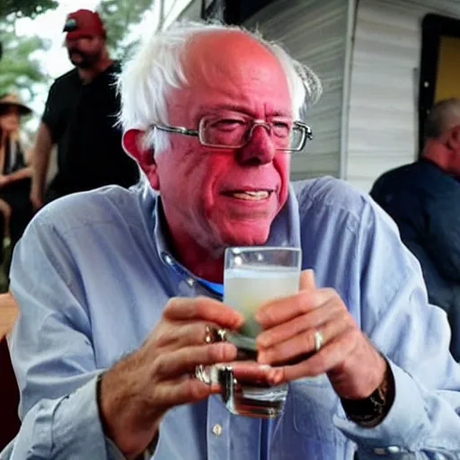 Image similar to Bernie sanders with a mullet drinking a pbr in a trailer park