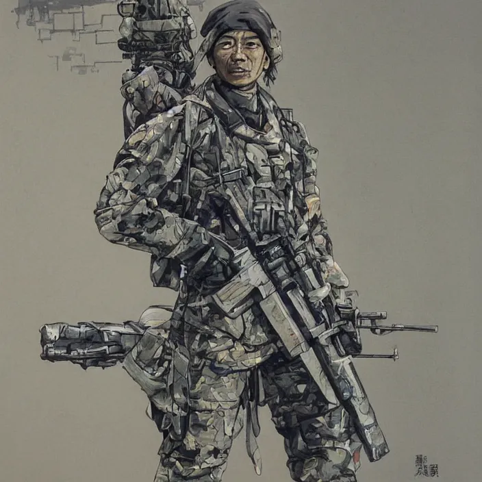 Image similar to burmese pdf soldier, painting, by greg ruthowski, yoshikata amano, yoji shinkawa, alphonse murac, collaborative artwork, beautifully drawn, heavily detailed