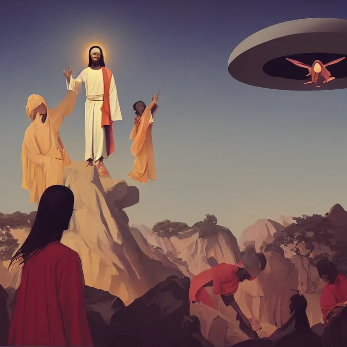 Prompt: various UFOs hovering over an African Jesus, painting by Hsiao-Ron Cheng,