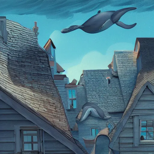 Prompt: Whales over the rooftops, highly detailed, digital painting, artstation, illustration, art by Gregory Fromenteau