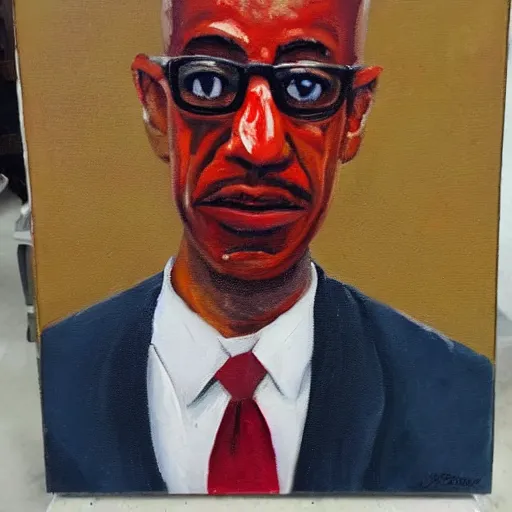 Prompt: an oil painting of Arabic Gus Fring with blood shot eyes