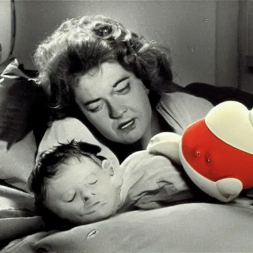 Image similar to woman who has given birth to a squishy inflatable toy, in hospital bed, 1974 Fellini film, archival footage, technicolor film, 16mm, wacky children's tv with anthropomorphic animal