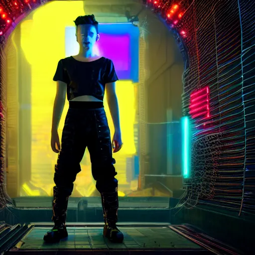 Image similar to A beautiful boy wearing a black mesh crop top and black shorts standing in a mad max cage. The boy is surrounded by a colorful nebula. Cyberpunk, Digital Art, unreal engine 5, 50mm, f2.8