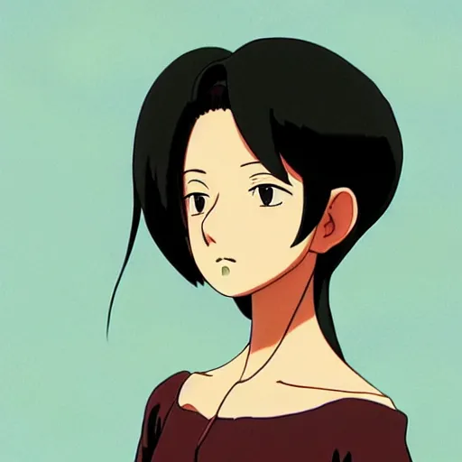 Prompt: beautiful mexican woman, tall, dark skin, septum piercing and nose ring, prominent cheek bones, black hair and brown eyes, studio ghibli art style, art by hayao miyazaki, makoto shinkai