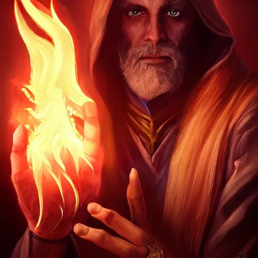 Prompt: a stunning portrait of a dnd human wizard, forming a burning hand spell, digital art 4 k trending on artstation