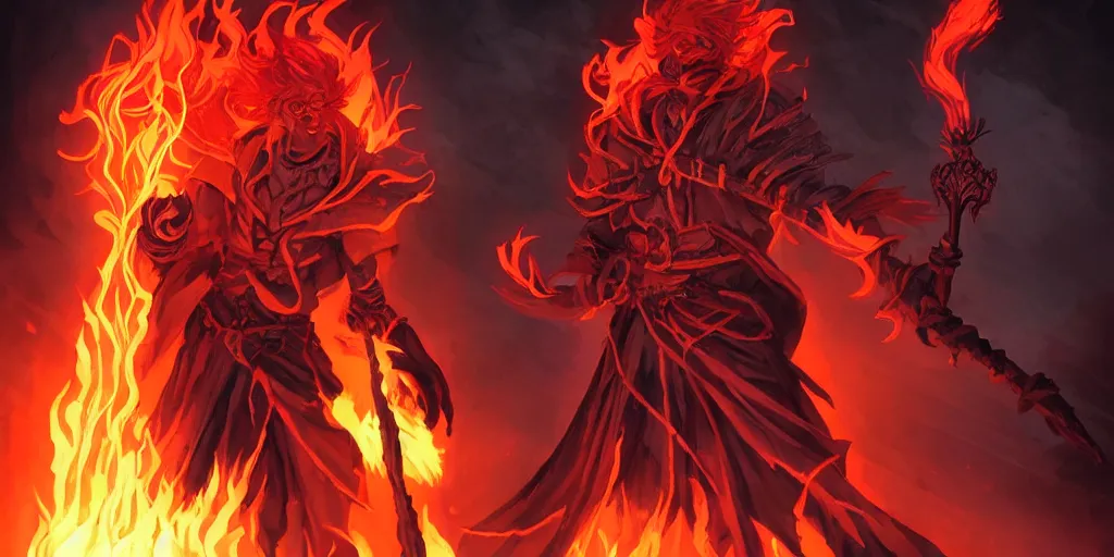 Prompt: dungeons and dragons official art of male fire genasi wizard with pitch black skin, flaming red hair, glowing orange eyes, wearing black wizard robes, smug smile, holding a wooden staff, official print, book cover art