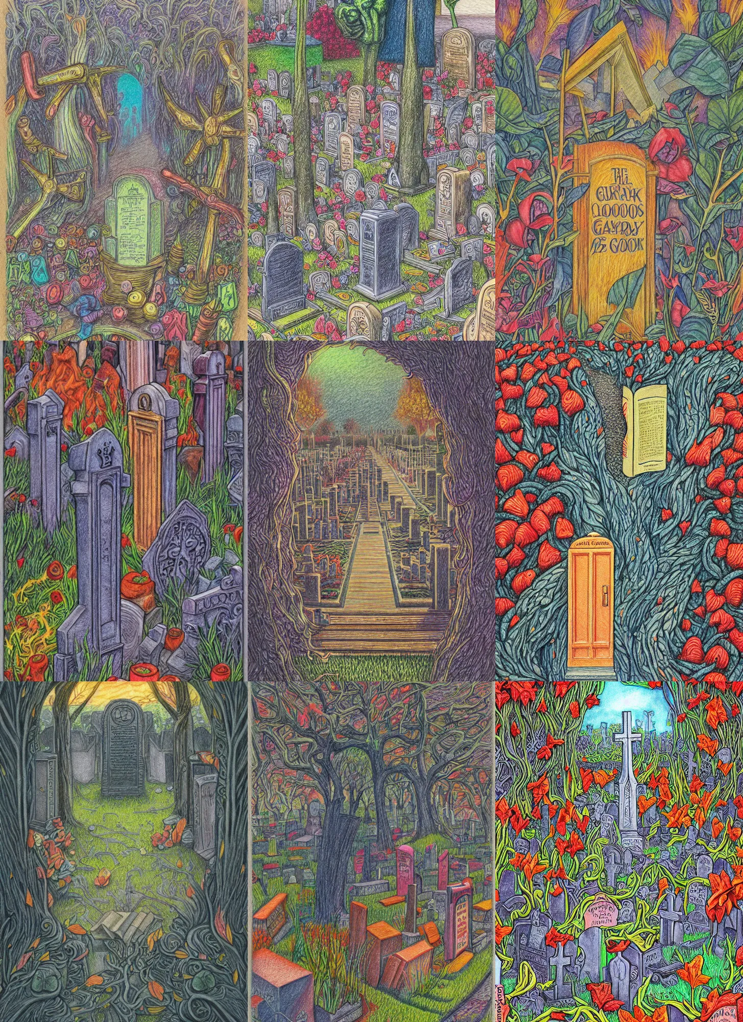 Prompt: hyperdetailed color pencil drawing of a book cover, sounds in the graveyard