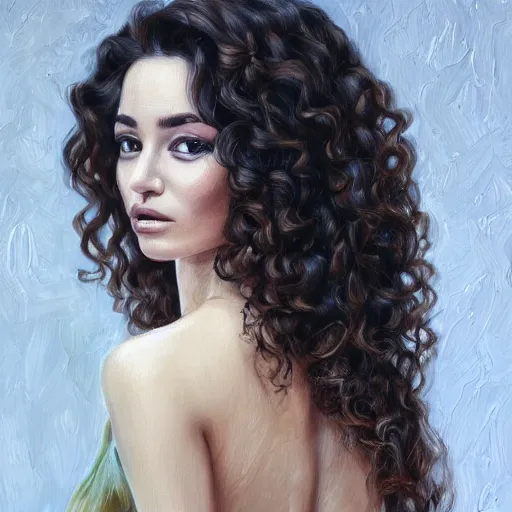 Prompt: beautiful portrait face centre oil on canvas of brunette with curly hairstyle, looks like Ebru Şahin, Reyyan, looks like Fabiula Nascimento, looks like Laura Barriales, intricate, elegant, highly detailed, artstation, concept art, sharp focus, art by Alina Ivanchenko, Rob Ross, WLUP, artgerm