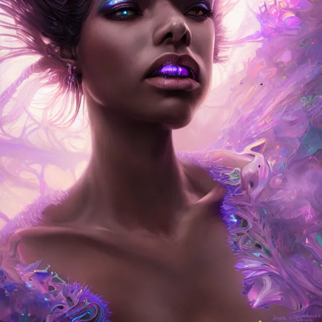 Prompt: detailed portrait of beautiful fantasy queen made of iridescent smoke, dark fantasy, sharp focus, vibrant, vivid, magical shiny skin, symmetry, highly detailed, 4 k digital painting, detailed skin, crystal, magical, raytracing, plasma, artistic, concept art by artgerm, greg rutkowski, alphonse mucha, unreal engine render,