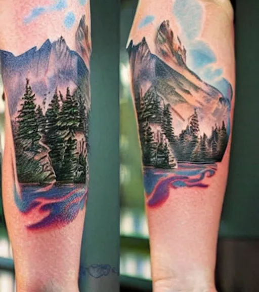 Prompt: hyper realistic tattoo design of a very beautiful woman against a background of beautiful mountains and nature, in the style of den yakovlev, amazing detail