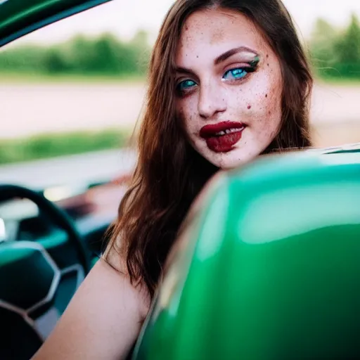 Prompt: a beautiful cute young woman with vivid emerald green eyes takes a photo of herself, sitting in her car, long bronze brown hair, flushed face, red blush, light freckles, big puffy lips, smiling softly, soft features, 8 k, sharp focus, instagram, portra 4 0 0