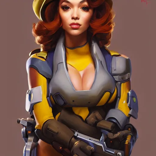 Image similar to greg manchess portrait painting of april o'neil as overwatch character, medium shot, asymmetrical, profile picture, organic painting, sunny day, matte painting, bold shapes, hard edges, street art, trending on artstation, by huang guangjian and gil elvgren and sachin teng